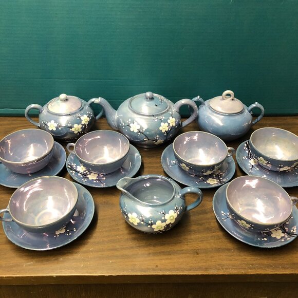 Handpainted Blue Pearl Cherry Blossom Lusterware 16 pc Tea